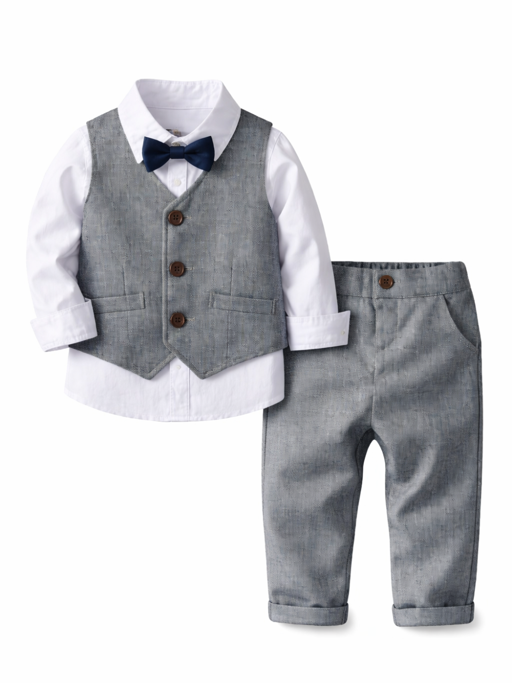 白い長袖シャツにグレーのベストと蝶ネクタイ、同色のパンツを組み合わせた男の子用フォーマル上下セット（白背景で平置き）。
