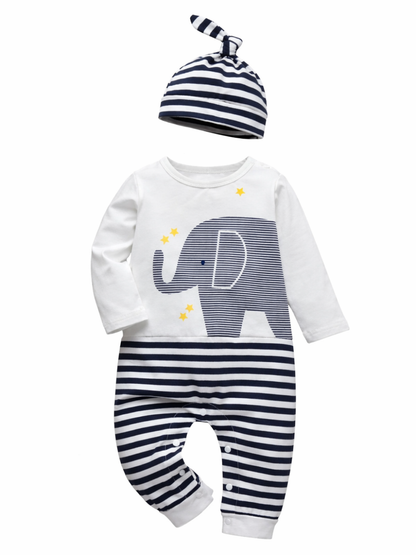 ゾウと星柄がプリントされた長袖ベビーパジャマロンパース正面
