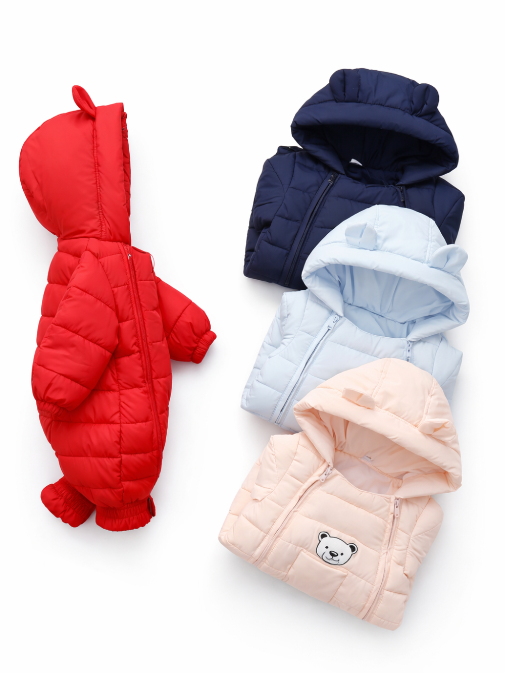 4色の無地ベビージャンプスーツを並べたカラーバリエーション画像
