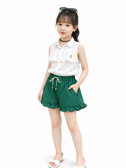 上品に可愛くまとまる 女の子ノースリーブ襟付きブラウス＆フリルショートパンツセット プリンセス風デザイン コットン80％ 110~120cm