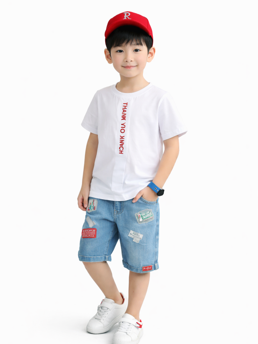 白背景のスタジオ撮影で、赤いキャップをかぶった男の子が白いプリントTシャツとパッチ付きデニムハーフパンツを着用し、白いスニーカーで立ち姿のポーズをしている。
