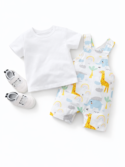白背景のスタジオ風商品写真。子ども用の上下セットと靴が斜めに配置されている。左に無地の白い半袖Tシャツ、右に白地のサロペット型ショートパンツがあり、キリン・ゾウ・虹・雲などのカラフルな総柄プリント入り。サロペットは肩ひもボタン留めで前ポケット付き。左下に白い面ファスナー付きスニーカーが一足置かれている。
