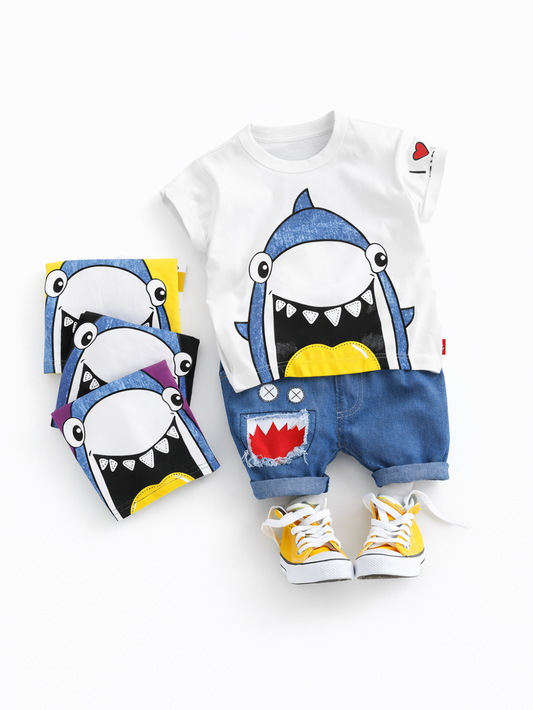 白背景のスタジオ風商品写真。子ども用コーデが上から見た構図で配置されている。中央に白い半袖Tシャツがあり、大きなサメのイラストがプリントされ、袖口に小さなハート柄が見える。下にはデニム風のブルーショートパンツが重なり、片側に赤いギザギザ模様のワッペンが付いている。足元に黄色のハイカットスニーカーが一足置かれている。左側には同じサメ柄のトップスが色違いで3枚重ねて並べられている。
