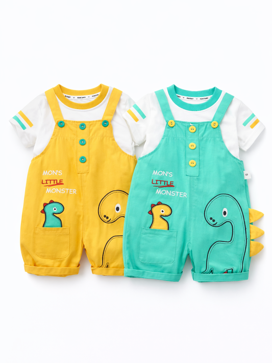白背景のスタジオ風商品写真。恐竜モチーフのベビー用サロペットセットが2着、並べて配置されている。左は黄色のサロペットショーツに白い半袖Tシャツを合わせ、胸元にボタンと「MON’S LITTLE MONSTER」の文字、ポケット付近に小さな恐竜のイラスト、右側に大きな恐竜の線画プリント。右はターコイズグリーンのサロペットショーツに同じデザインの白Tシャツを合わせ、ポケットから恐竜のイラストがのぞき、サイドに小さなトゲ状パーツが付いている。

