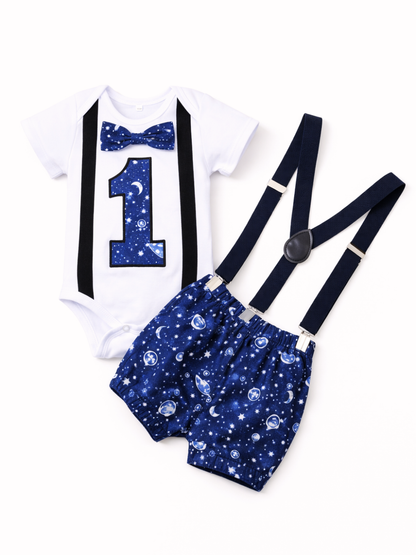 白い半袖ボディスーツとネイビーのギャラクシー柄ショートパンツのベビー用コーディネート。胸元に宇宙柄の「1」と同柄の蝶ネクタイ、黒いサスペンダー風デザインがあり、パンツにはネイビーのサスペンダーが付属。清潔な白背景でフラットに配置されている。
