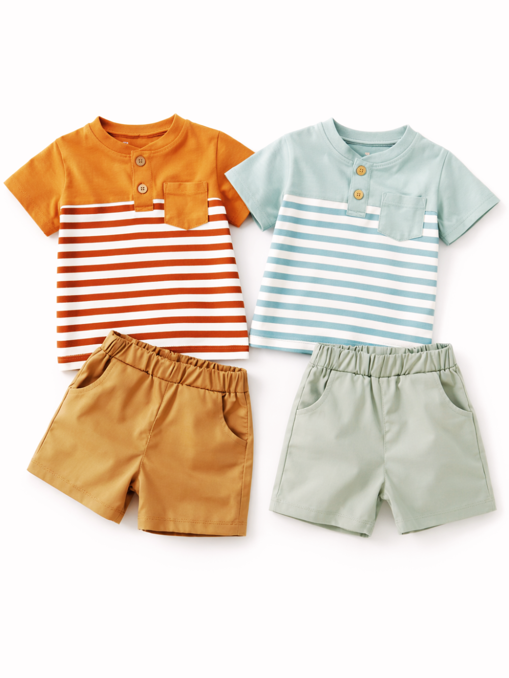 ボーダー切替の半袖トップスとショートパンツの男の子上下セット 2色展開
