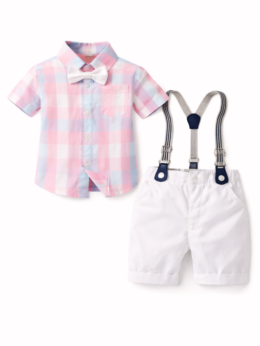 白い背景に、淡いピンクと水色のチェック柄半袖シャツと白い蝶ネクタイ、白いサスペンダー付きショートパンツ（ネイビーのライン入り）が並べて撮影された子ども用フォーマル上下セット。
