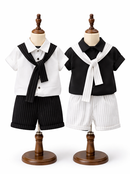 白背景のスタジオで、木製トルソーに掛けたキッズ用セーラー風セットアップ2着（左：白シャツ＋黒スカーフ＋黒ピンストライプ短パン、右：黒シャツ＋白スカーフ＋白ピンストライプ短パン）が並んでいる。
