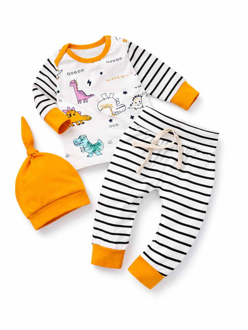 白背景に平置きされた子ども用3点セット：恐竜プリントと黒白ボーダー袖の長袖トップス、黒白ボーダーのロングパンツ（ベージュの紐付き）、オレンジの結び帽子。
