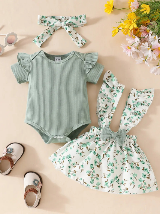 ふんわりおめかしが一瞬で完成する 女の子ロンパース付きサスペンダースカート3点セット 花柄リボンヘアバンド ニット素材 ポリエステル 0〜18ヶ月
