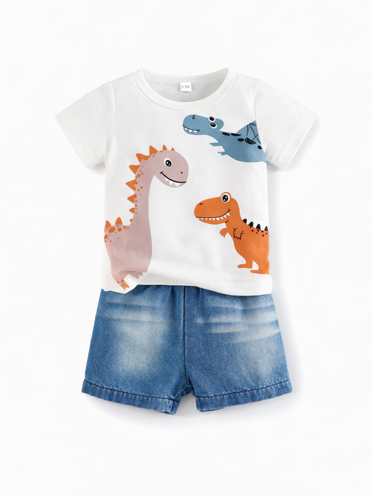 元気いっぱい夏コーデが完成する 男の子恐竜プリント半袖Tシャツ＆デニムショーツセット ポリエステルニット 9〜12ヶ月〜3〜4歳