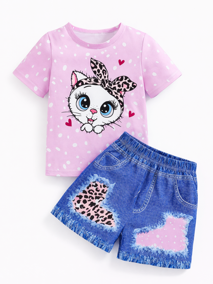 白背景に並べた女の子用2点セット。ピンクのドット柄Tシャツ（ヒョウ柄リボンの子猫プリント）と、ハート型パッチ付きのブルーデニムショートパンツ。
