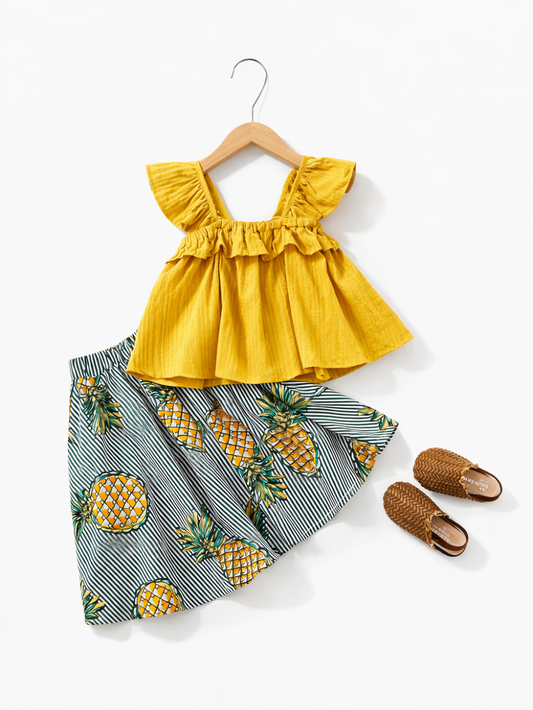 白背景に、ハンガーに掛けたマスタードイエローのフリルトップスとパイナップル柄スカート、編み込みサンダルを並べたフラットレイ写真。
