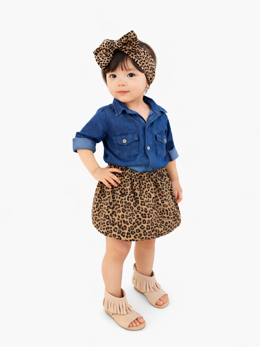 こなれ感たっぷりでおでかけが映える 女の子デニム風長袖シャツ＆レオパードスカート＆ヘアバンド3点セット ブルー×レオパード 80~120cm