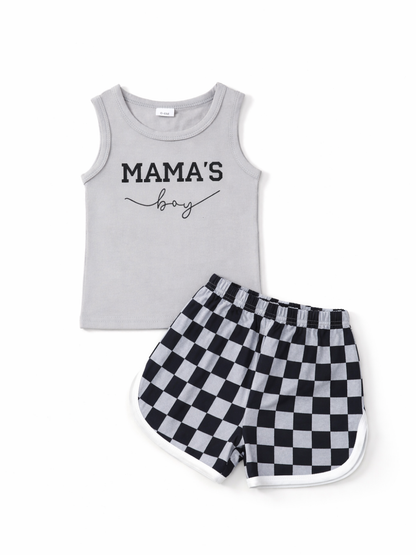 グレーのレタープリントノースリーブトップスとチェック柄ショートパンツのベビー上下2点セット
