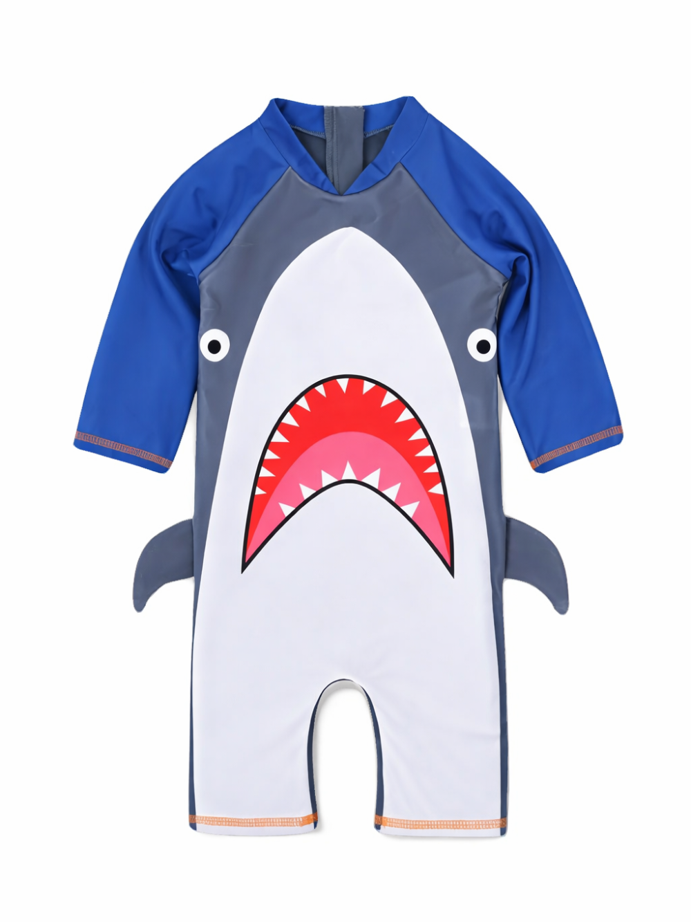 白背景に、サメ柄の子ども用ワンピース水着（ラッシュガード）が正面から写っている。ブルーの長袖とグレー×白のボディに、赤い口と白い歯のデザイン、両脇には小さなヒレが付いている。
