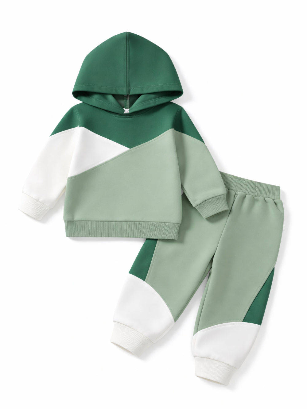 グリーン×ミントの配色が映える、キッズ用フード付きトレーナーとロングパンツの上下セット（白の切替デザイン）
