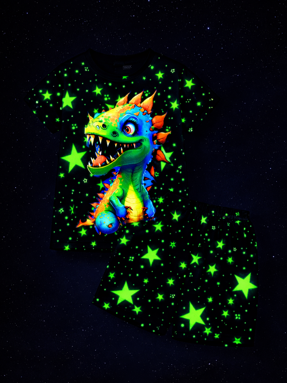暗い夜の背景に、子ども用の黒いTシャツとショートパンツのセットが平置きされている。ネオン緑の星柄とカラフルな恐竜プリントが暗闇で光って見えるデザイン。

