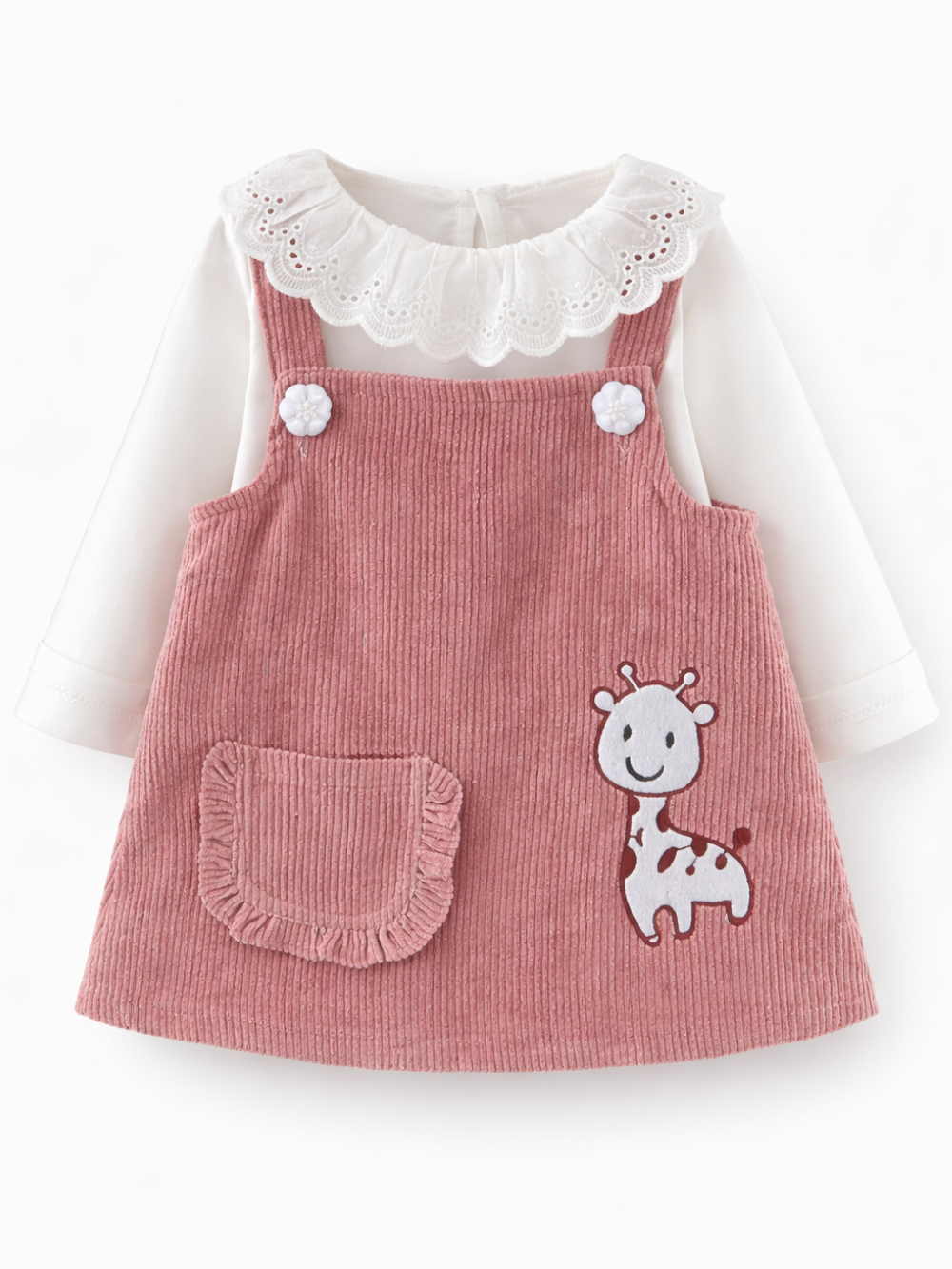 白い長袖ブラウス（レース襟）に、ピンクのコーデュロイジャンパースカート（フリル付きポケット・キリン刺しゅう）を重ねたベビー用ワンピースセットを、純白の背景で平置き撮影した商品画像
