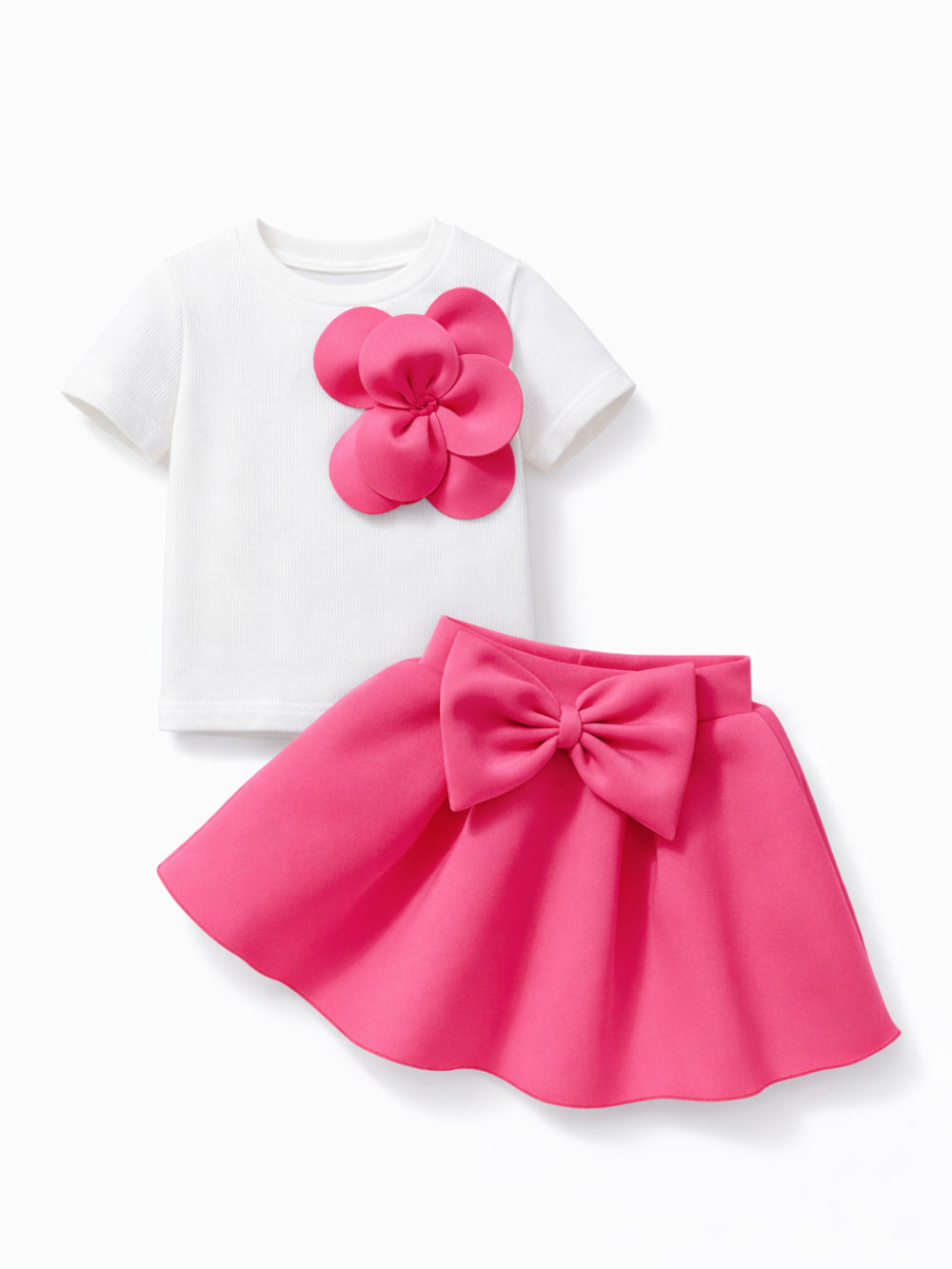白い半袖トップス（大きなピンクの立体フラワー付き）と、ピンクのフレアスカート（大きなリボン付き）の女の子用2点セットを、純白の背景で平置き撮影した商品画像
