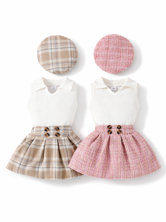 女の子用のノースリーブトップス＆スカートの2点セットを2色並べて表示。どちらも白のリブ編み襟付きトップスに、フロントにボタン飾りのプリーツスカート。左はベージュ系チェック、右はピンク系ツイード。上部にそれぞれ同柄のベレー帽付き。白背景のスタジオ撮影。
