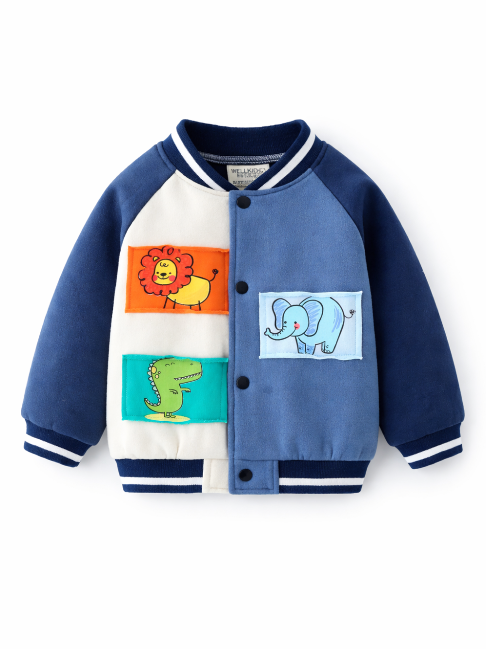 白背景で正面から撮影したキッズ用スタジャン。ネイビー×ブルー×オフホワイトの配色に、ライオン・恐竜・ゾウのカラフルな動物ワッペンが付いた商品写真。
