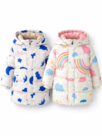 白背景で並べたキッズ用中綿ロングコート2点の商品写真。左は白地にブルー柄、右はオフホワイト地にパステルの虹と雲のプリントで、どちらもフード付き・前開き仕様。
