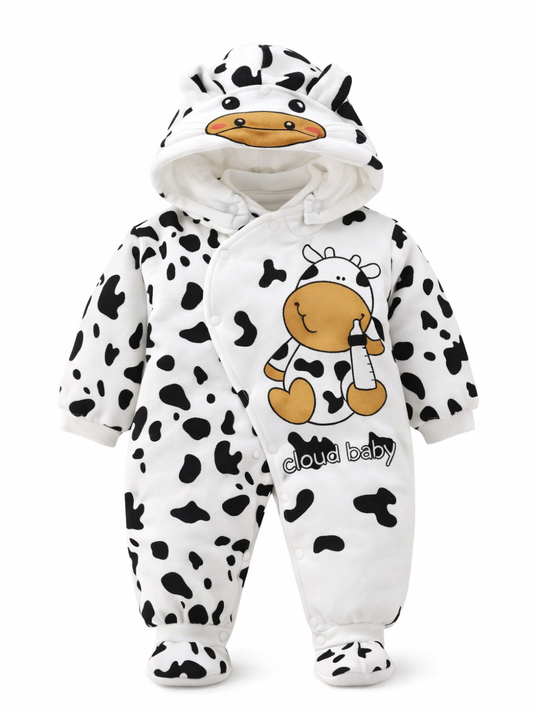 白背景で正面から撮影した牛柄のベビー用フード付きカバーオール。黒のスポット柄と牛の顔フード、ミルクボトルを持つ牛のイラストが付いた足付きロンパース。
