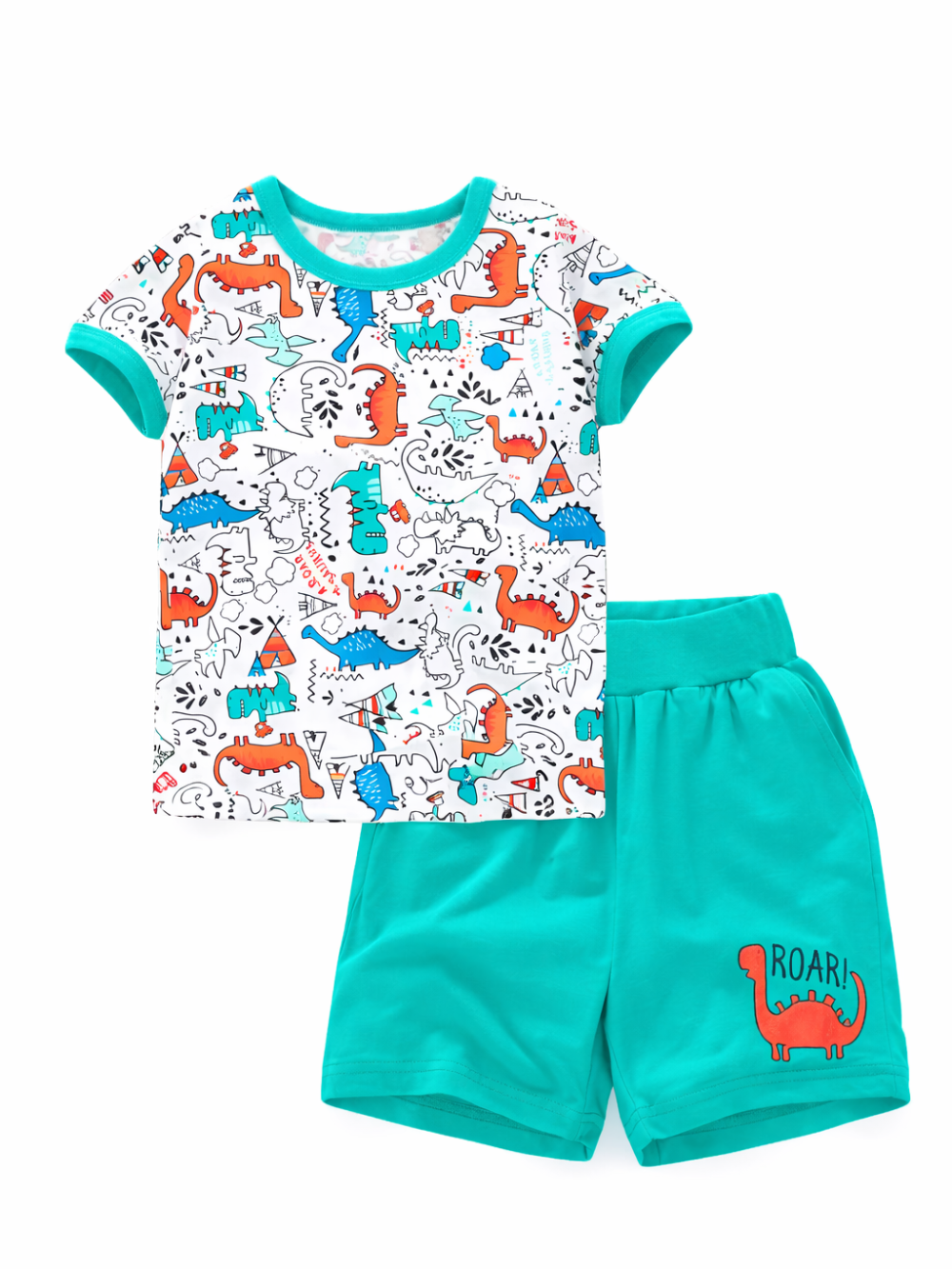 白背景で撮影したキッズ用Tシャツ＆ショーツの2点セット。恐竜柄プリントの白い半袖Tシャツと、ターコイズ色のショートパンツ（「ROAR」恐竜モチーフ入り）が並んでいる。

