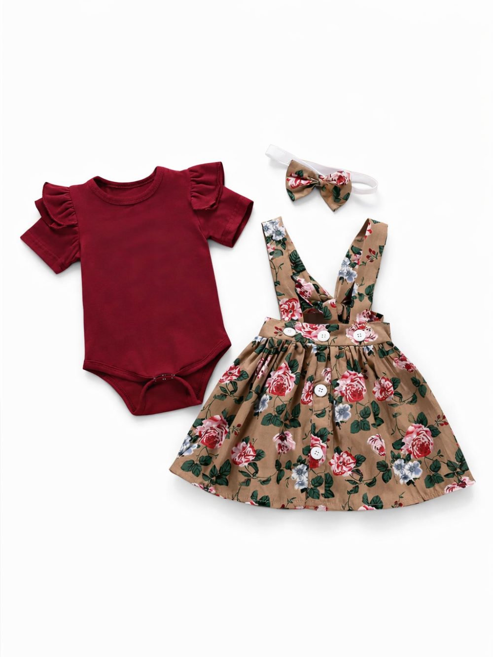 ワインレッドのフリル袖ベビーロンパース、花柄サスペンダースカート、同柄リボン付きヘアバンドの3点セットを、白背景で整列させた商品画像。
