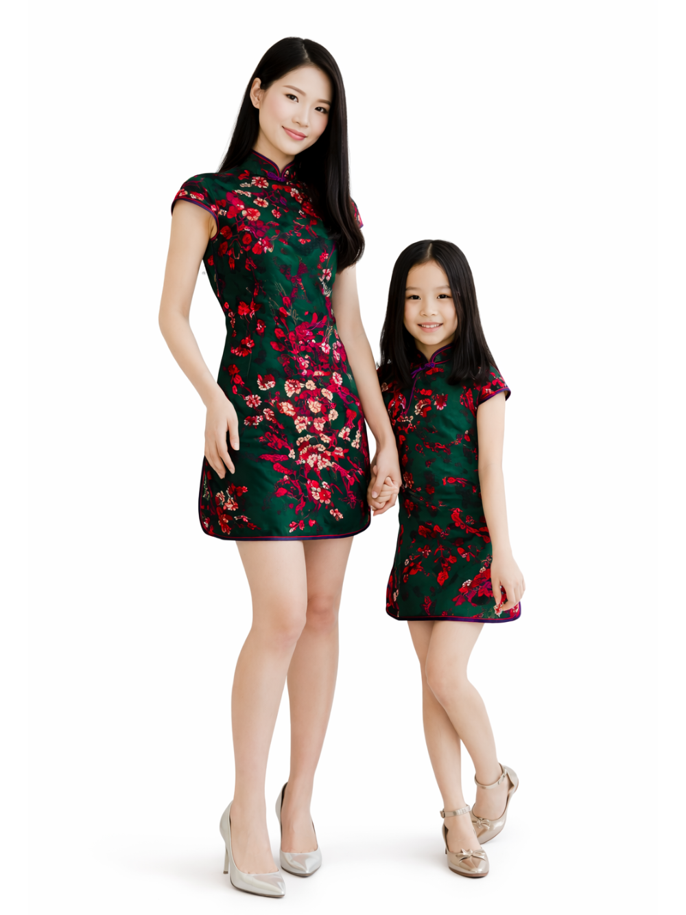 白背景のスタジオで、深いグリーンに赤い花柄のチャイナドレス（チャイナワンピース）を着た母娘が手をつないで立っている。母はロングヘアで上品なポーズ、娘も同柄のドレスでカメラに微笑んでいる。
