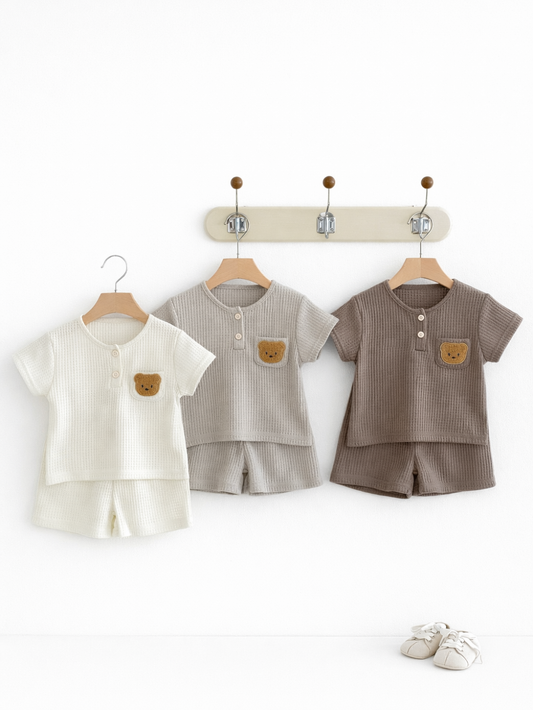 白背景のスタジオで、リブ素材のキッズ半袖トップス＋ショーツのセットが3色（アイボリー、ライトグレー、モカ）並んでハンガーに掛けられている。各トップスの胸ポケットにはくまのワッペンが付いている。
