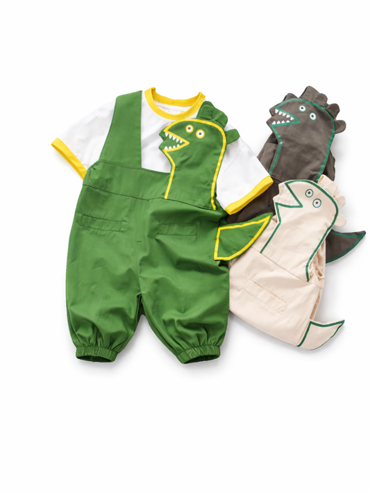 恐竜モチーフのキッズオーバーオール（グリーン／ベージュの2色展開）。立体風の恐竜アップリケとしっぽデザインが特徴で、白いトップス付きのセット。スタジオ白背景で俯瞰撮影。
