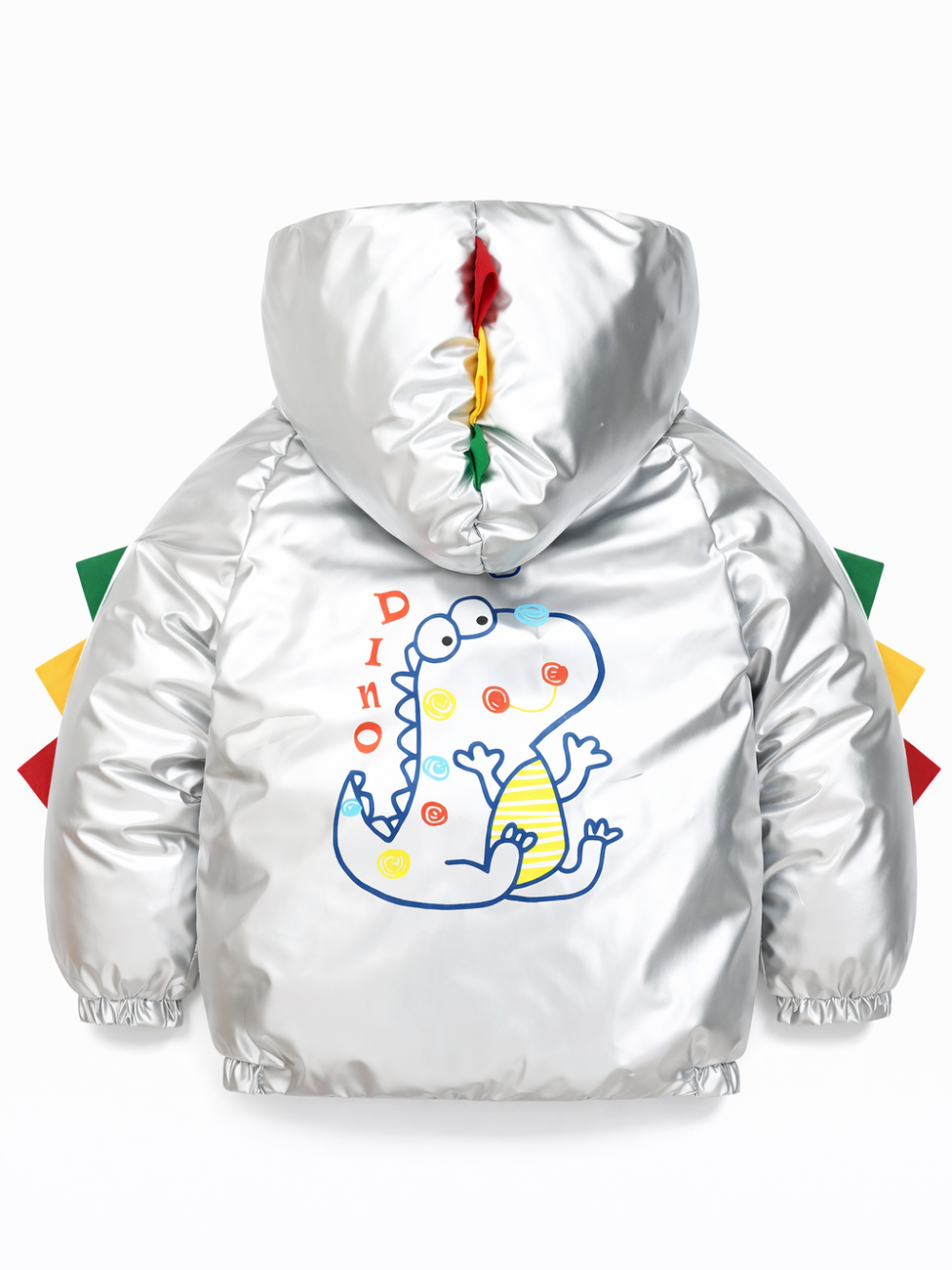 メタリックシルバーのキッズ中綿フードジャケット（背面）。背中にカラフルな恐竜イラストと「Dino」文字入りで、フード中央と袖サイドに赤・黄・緑の三角スパイク装飾付き。白背景のスタジオ撮影。

