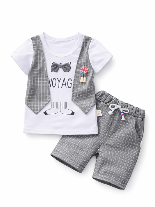 グレンチェック柄ベスト風プリントTシャツ＆チェック柄ショートパンツ（2点セット）
