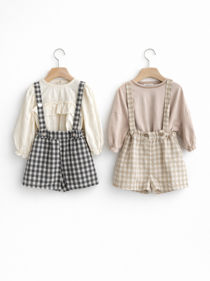 ベビー用ギンガムチェックサスペンダーショートパンツ＆長袖トップス（2点セット・2カラー）
