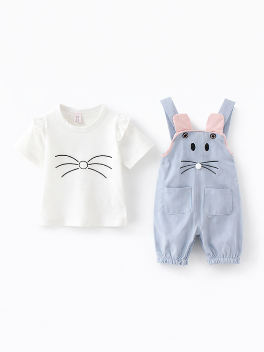 白背景のスタジオ撮影で、子ども用の上下セットが並んで写っている。左はヒゲ柄プリントとフリル袖の白Tシャツ、右はうさぎの顔デザインとピンクの耳付きのライトブルーサロペットで、前ポケットと裾のゴムギャザーが見える。
