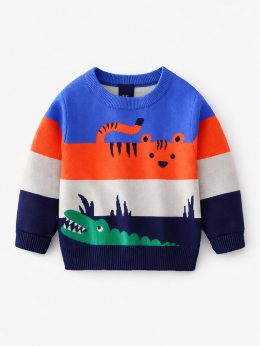 白背景のスタジオ撮影。青・オレンジ・グレー・ネイビーの配色に、虎とワニのイラストが入った子ども用ニットセーター（長袖）。
