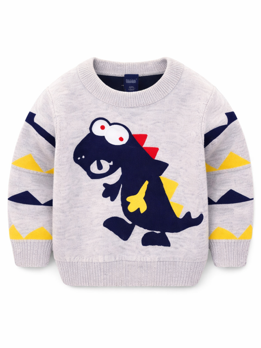 白背景の正面写真。ライトグレーの子ども用ニットセーター（長袖）。フロントに恐竜のイラスト（ネイビー×赤×イエロー）、袖にネイビーとイエローのジグザグ柄入り。
