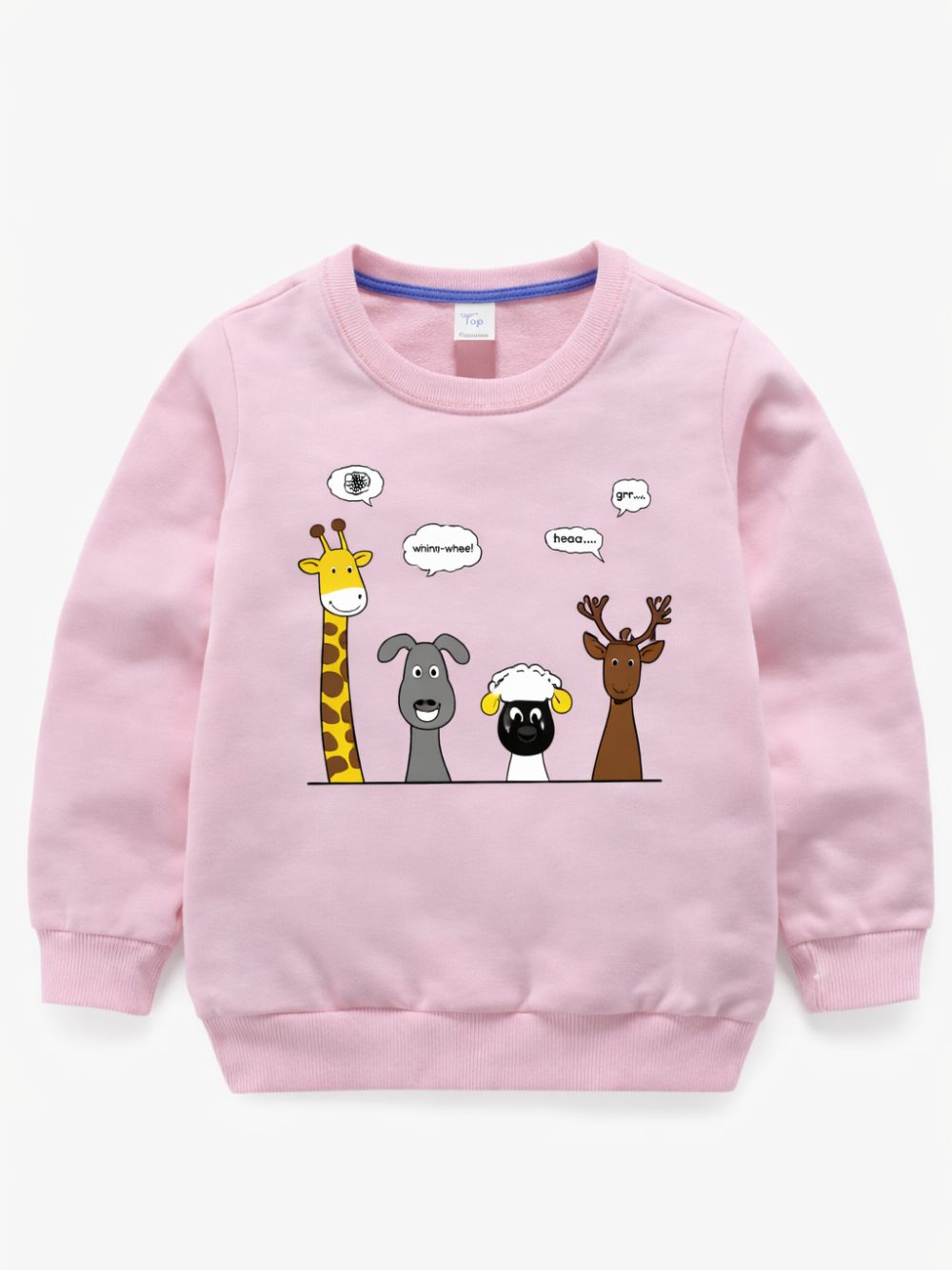白背景の正面写真。ライトピンクの子ども用スウェット（長袖）。フロントにキリン・ロバ・ヒツジ・シカのイラストと吹き出しプリント、リブ襟・袖口・裾。
