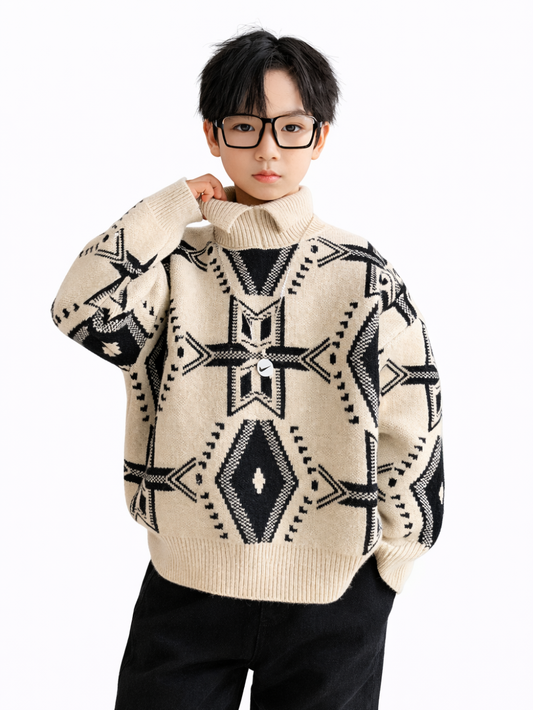 白背景のスタジオ写真。黒縁メガネの男の子モデルが、アイボリーのタートルネックニットを着用。黒の幾何学模様（クロス＆ダイヤ）デザインで、黒パンツと合わせたコーデ。
