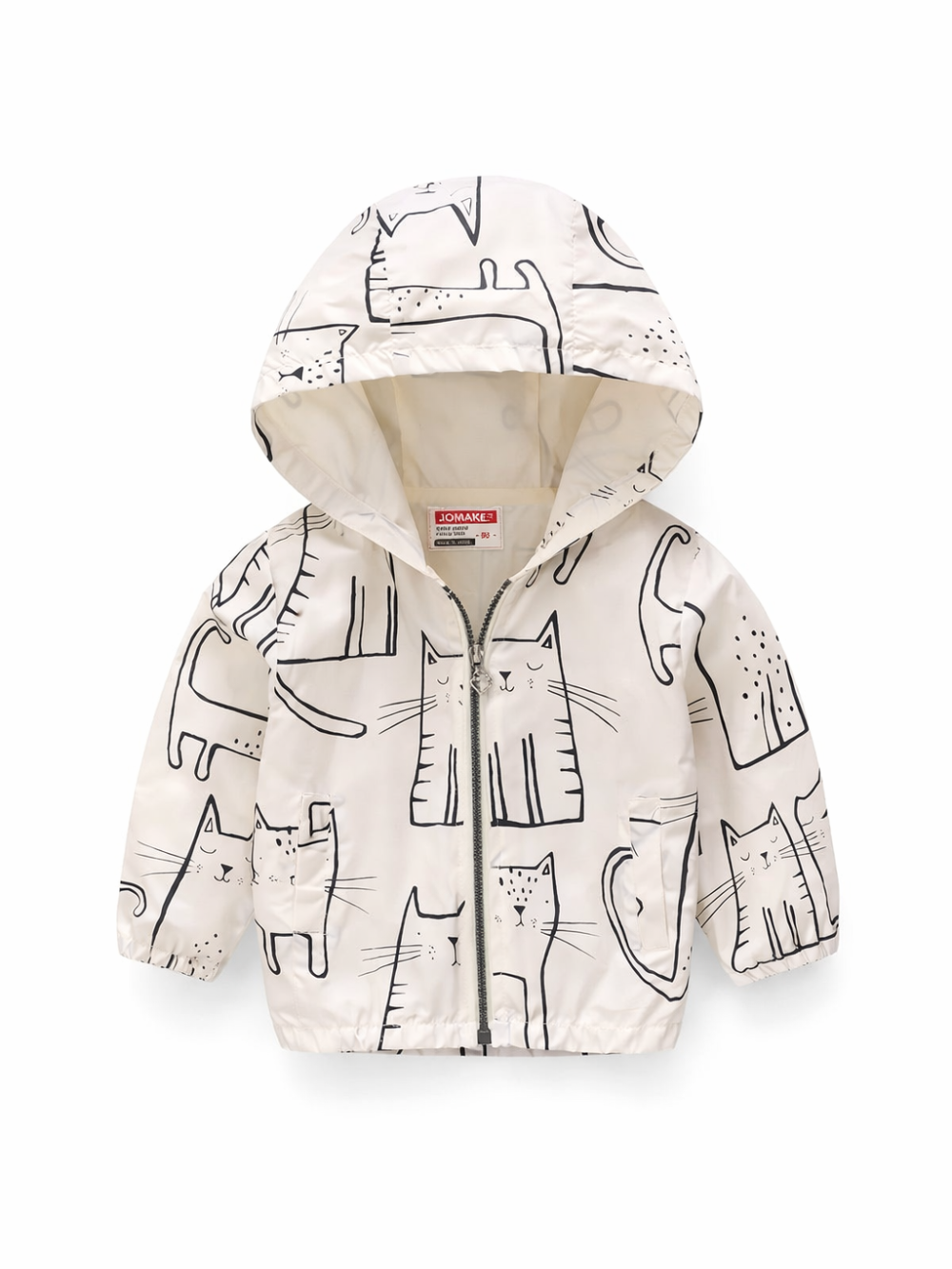 子ども用フード付きジップジャケット（オフホワイト）。黒の手描き風ネコ柄プリント、フロントファスナー、フード付き。袖口と裾はゴム仕様で、軽いアウターとして着やすいデザイン。
