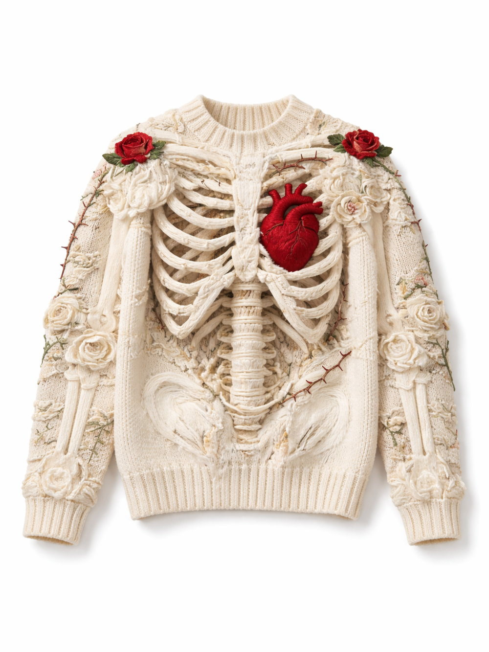アイボリーの長袖ニットセーター。胸元に立体的な肋骨（リブケージ）デザインと赤い心臓モチーフ、肩に赤いバラ、袖に白いバラとトゲの装飾が施された個性的なデザイン。クルーネック、リブ袖口・裾。白背景の商品単体画像。
