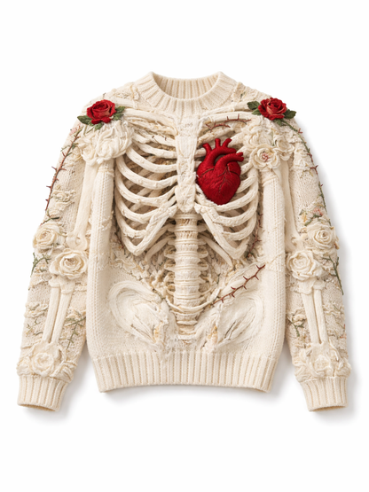 アイボリーの長袖ニットセーター。胸元に立体的な肋骨（リブケージ）デザインと赤い心臓モチーフ、肩に赤いバラ、袖に白いバラとトゲの装飾が施された個性的なデザイン。クルーネック、リブ袖口・裾。白背景の商品単体画像。
