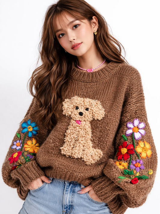 立体犬モチーフ＆フラワー刺繍 アートスウェット XS〜XL