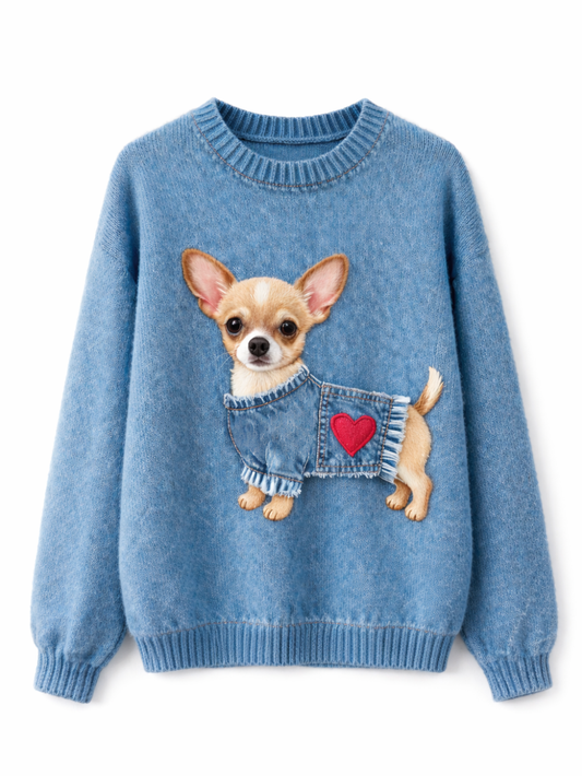 ライトブルーのふわふわニットセーター。フロントにチワワの刺繍モチーフが入り、デニム風ベストと赤いハートワッペンのデザインがポイント。クルーネック、長袖、リブ襟・袖口・裾。白背景の商品単体画像。
