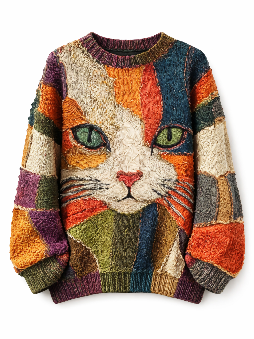 マルチカラーのパッチワーク風ニットセーター。フロントに大きな猫の顔モチーフが入り、グリーンの目とピンクの鼻が特徴。オーバーサイズの長袖、クルーネック、裾と袖口はリブ仕様。白背景の商品単体画像。
