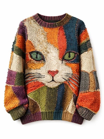 マルチカラーのパッチワーク風ニットセーター。フロントに大きな猫の顔モチーフが入り、グリーンの目とピンクの鼻が特徴。オーバーサイズの長袖、クルーネック、裾と袖口はリブ仕様。白背景の商品単体画像。
