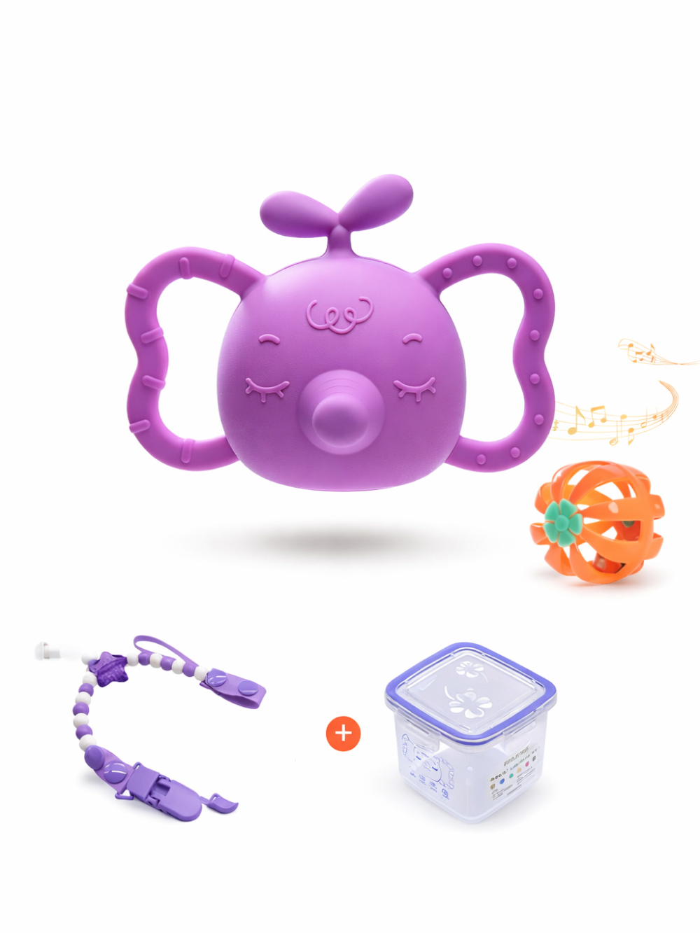 ベビー用シリコン歯固め＆小物セット。パープルの象デザイン歯固め（両側ハンドル付き）、オレンジのボール型ラトル、パープルのおしゃぶりホルダー（クリップ付き）、フタ付きクリア収納ケース（パープル縁）を組み合わせたセット。白背景の商品画像。
