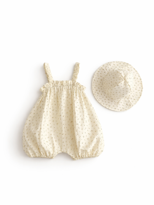 ベビー用ロンパース＆ハット2点セット。アイボリー地に小花柄プリントのバルーンシルエットロンパース（シャーリング入りストラップ、裾ゴム）と、同柄のつば広バケットハットの組み合わせ。白背景の商品画像。
